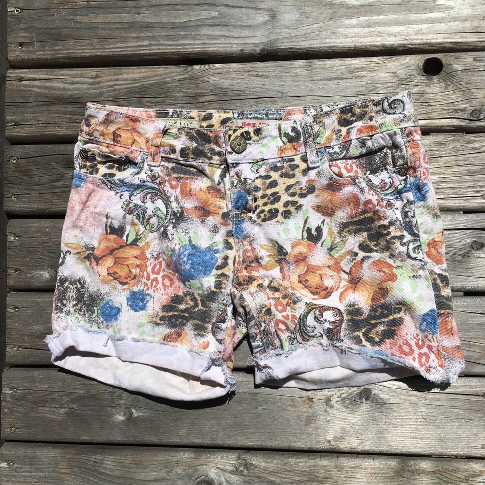 Floral Leopard Print Cut Off Jean Shorts Stretch Denim Hot Kiss